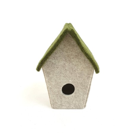 casa uccellini in feltro già montata naturale melange con tetto verde muschio scuro cm 4,5/7x5 h 9