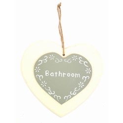 appendino cuore in legno color panna cm 14,5 h 13 con sopra cuore grigio con cm 10 h 8 scritta Bathroom