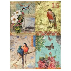 carta di riso per decoupage 33x48 design con fiori. uccellini e farfalle